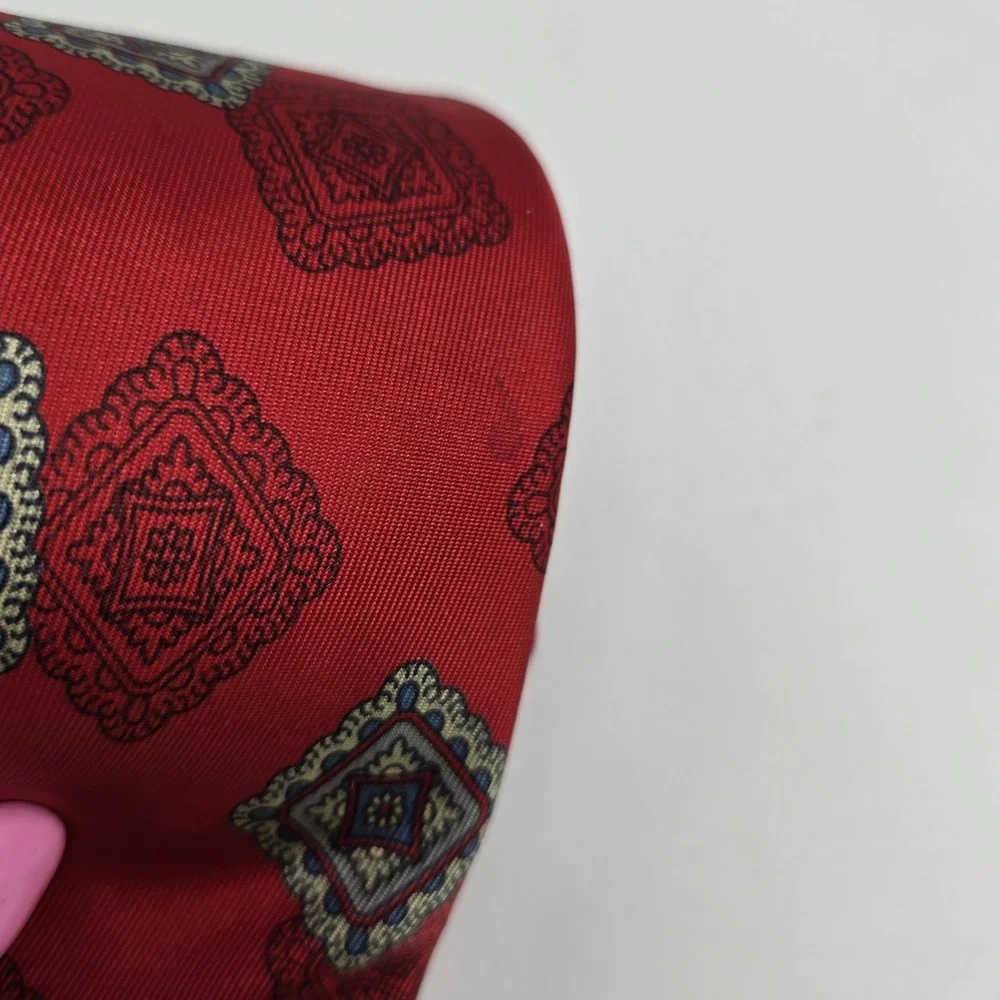 Vtg B. Altman & Co Tie Mens Silk Red Blue Geometric Medallion‎ Luxury Deadstock